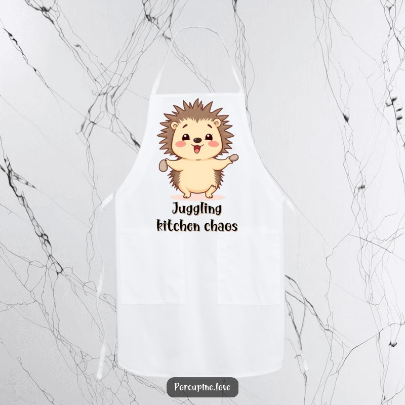 Funny cheerful porcupine apron, juggling three small pebbles with its quills, making kitchen tasks hilariously impressive.