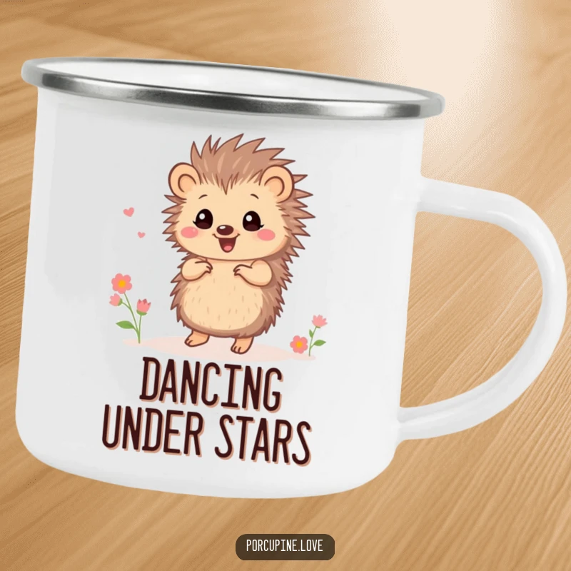 Funny small porcupine camping mug, dancing joyfully with tiny flowers, ready for any fun outdoor activity.