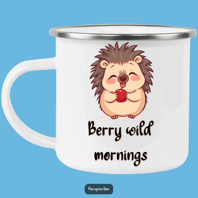 Funny Excited Porcupine Camping Mug - Berry Wiggling Nose Enamel Mug, Outdoor Fun Gift