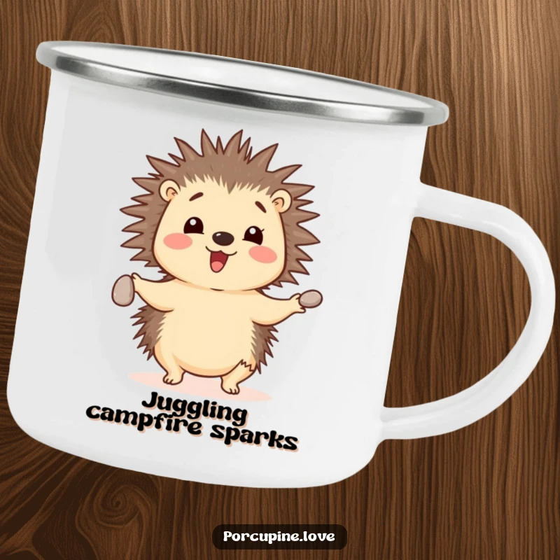Funny cheerful porcupine camping mug, juggling three small pebbles with its quills, ready for any skillful and humorous outdoor activity.