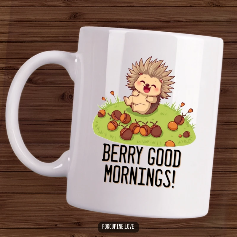 Funny Mug: A cute porcupine character joyfully rolls down a grassy hill, clutching acorns with glee.