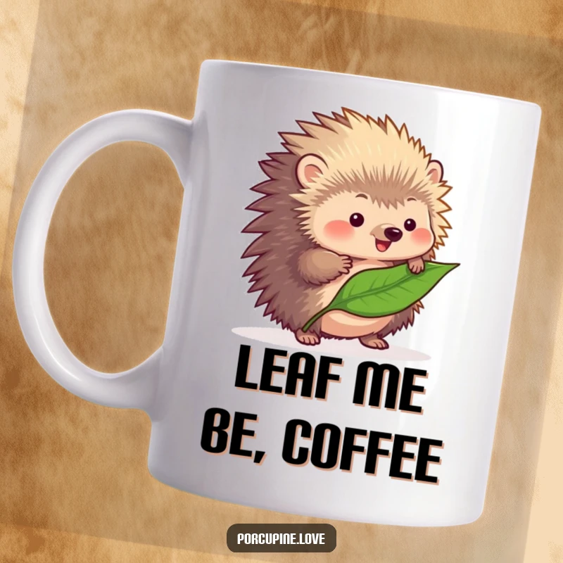 Funny fluffy porcupine mug, precariously balancing a single autumn leaf on its quills with intense focus.
