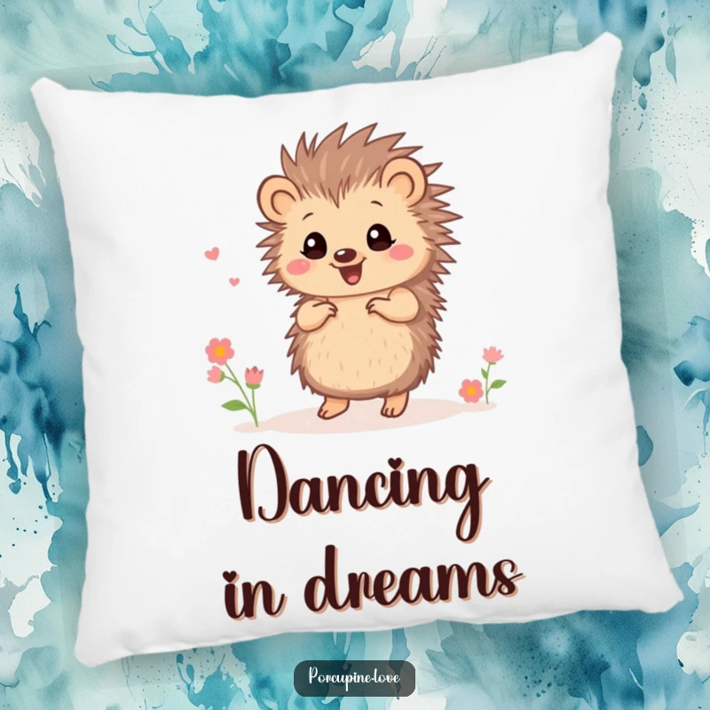 Funny small porcupine pillow, dancing with tiny flowers, a soft and cheerful piece of humorous home decor.