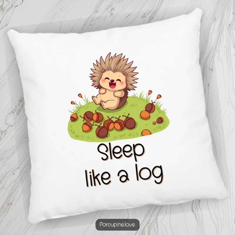 Funny Pillow: A cute porcupine character joyfully rolls down a grassy hill with acorns, perfect for whimsical decor.