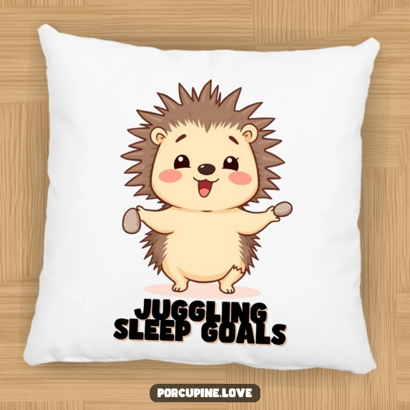 Funny cheerful porcupine pillow, juggling three small pebbles with its quills, a soft and humorous addition to any room.