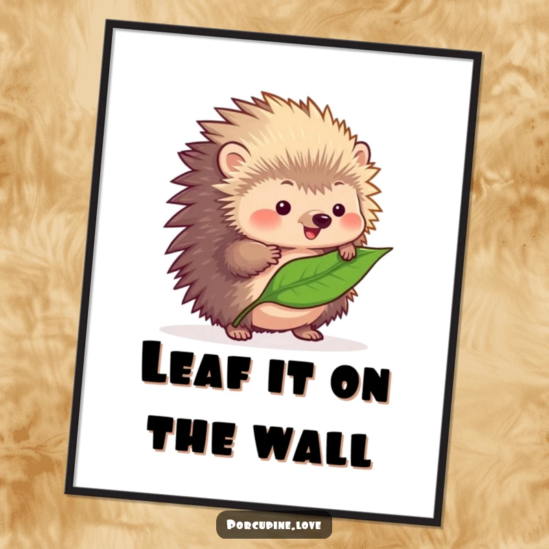 Funny fluffy porcupine digital art print, focused on balancing a single leaf on its quills, a charming and humorous illustration.