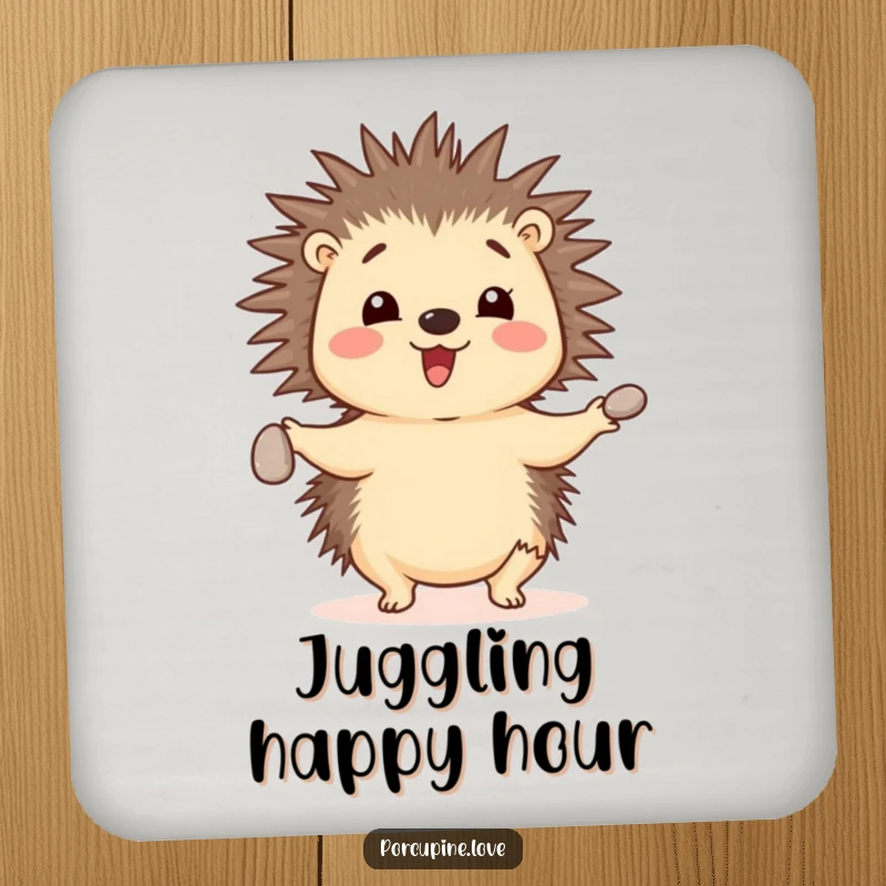 Funny cheerful porcupine drink coaster, juggling three small pebbles with its quills, a charming and humorous addition to any table.