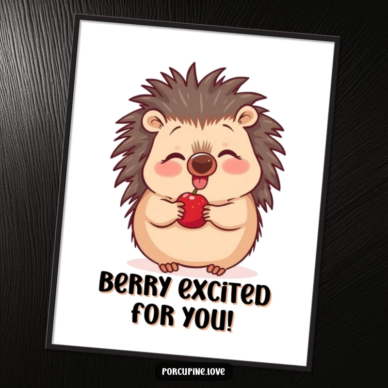 Funny Free Printable Wall Art: Plump porcupine wiggling its nose with extreme excitement, focused on a single berry.