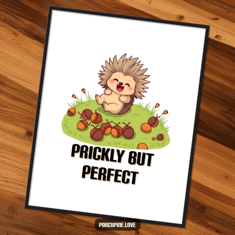 Funny Free Printable Wall Art: A cute porcupine character joyfully rolls down a grassy hill, clutching acorns, bringing whimsical charm.