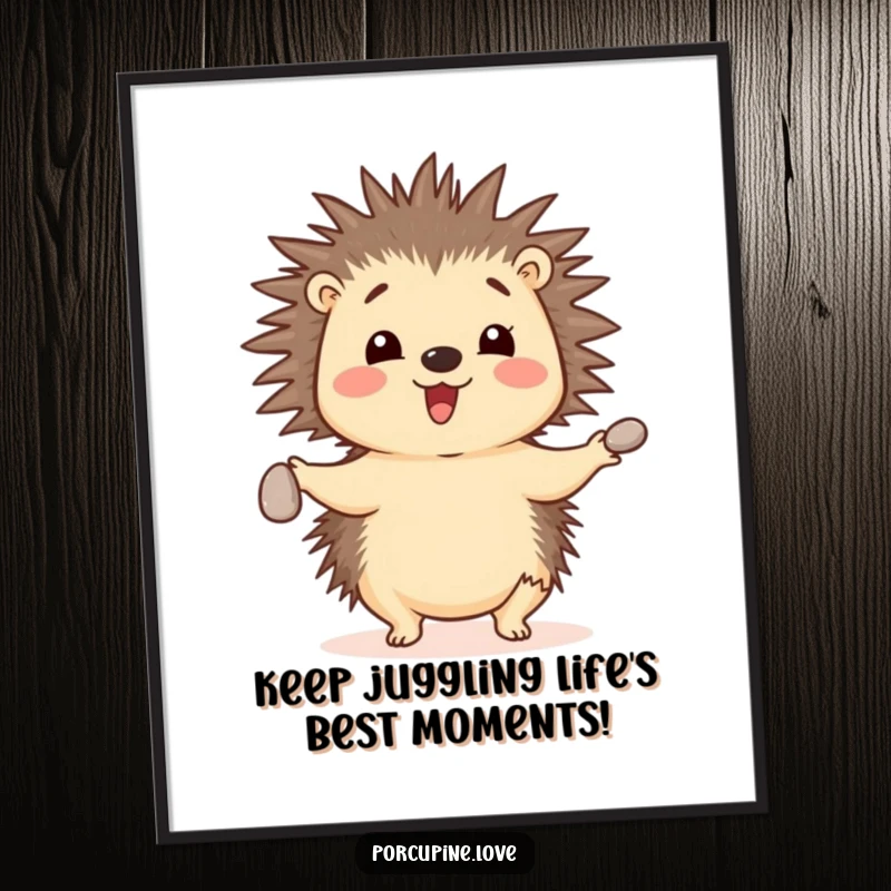 Funny Free Printable Wall Art: Cheerful porcupine with quills in motion, juggling three small pebbles with remarkable dexterity.