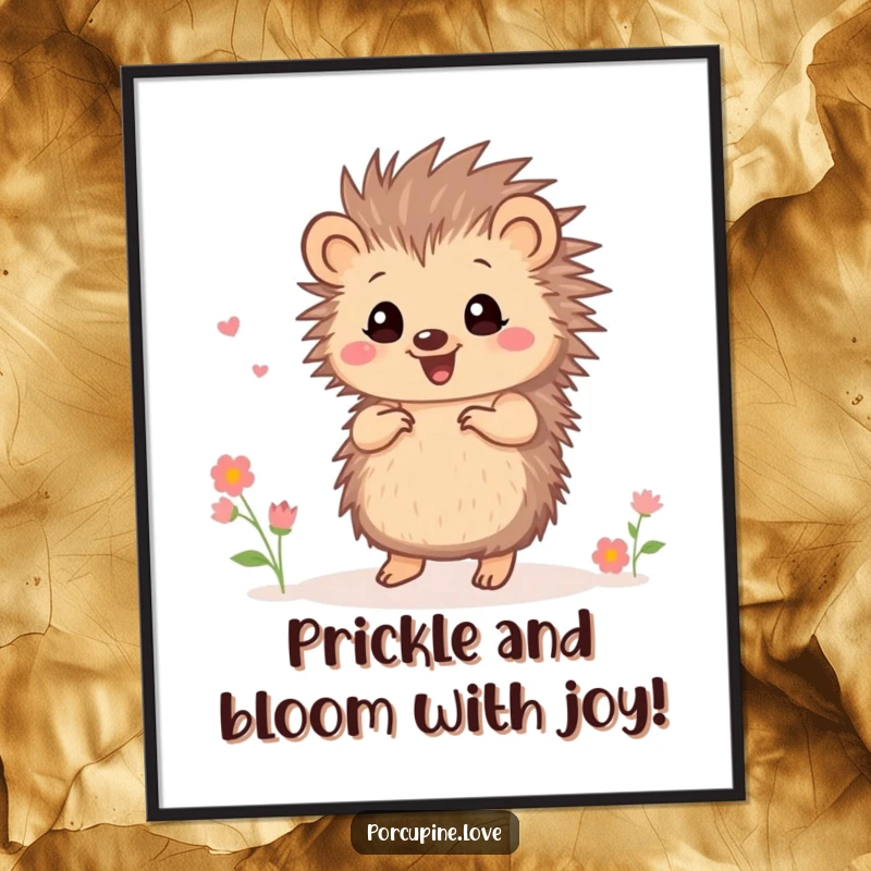 Funny Free Printable Wall Art: Small porcupine with quills doing a cheerful dance step, surrounded by small, vibrant flowers.