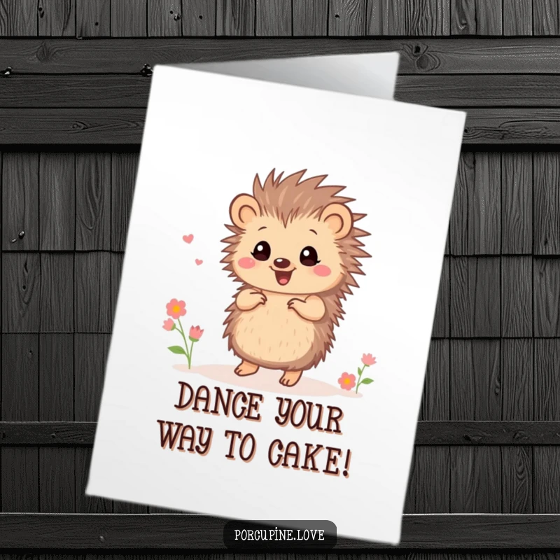 Funny Free Printable Birthday Card: Tiny porcupine with quills joyfully dancing, surrounded by small, delicate flowers.