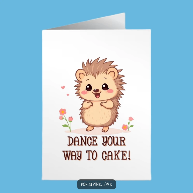 Free Printable Birthday Card: Dancing Porcupine with Flowers for Joy