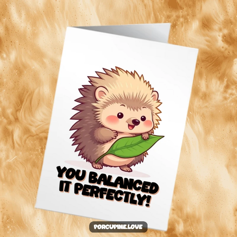Funny Free Printable Congratulations Card: A fluffy porcupine looking determined, attempting to balance a single leaf on its quills.