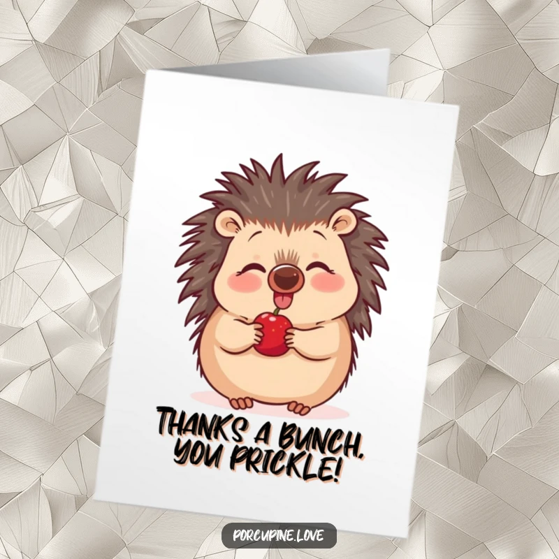 Funny Free Printable Thank You Card: Cute plump porcupine with quills, wiggling its nose, eyeing a tempting berry.