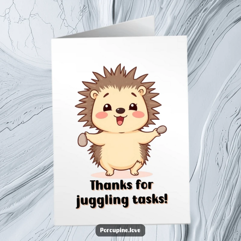 Funny Free Printable Thank You Card: Cheerful porcupine with quills deftly juggling three small pebbles, showcasing a funny skill.
