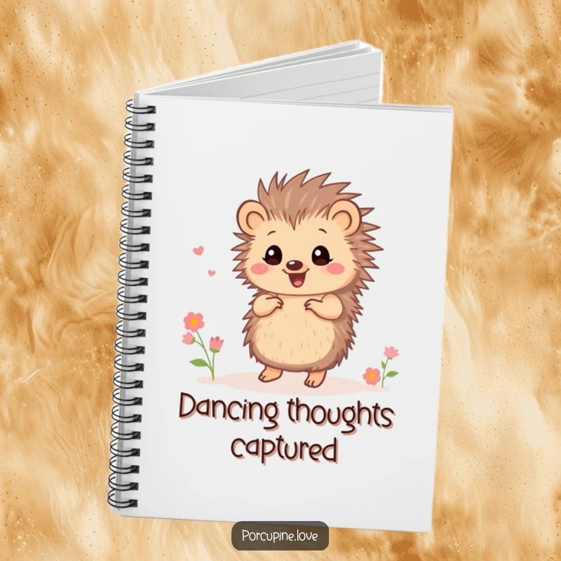 Funny small porcupine notebook, dancing with tiny flowers, perfect for capturing joyful thoughts and creative ideas.