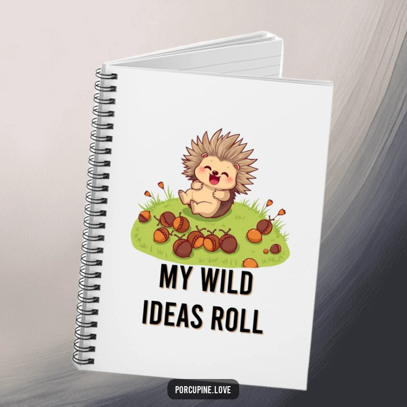 Funny Notebook: A cute porcupine character joyfully rolls down a grassy hill with acorns, perfect for creative notes.