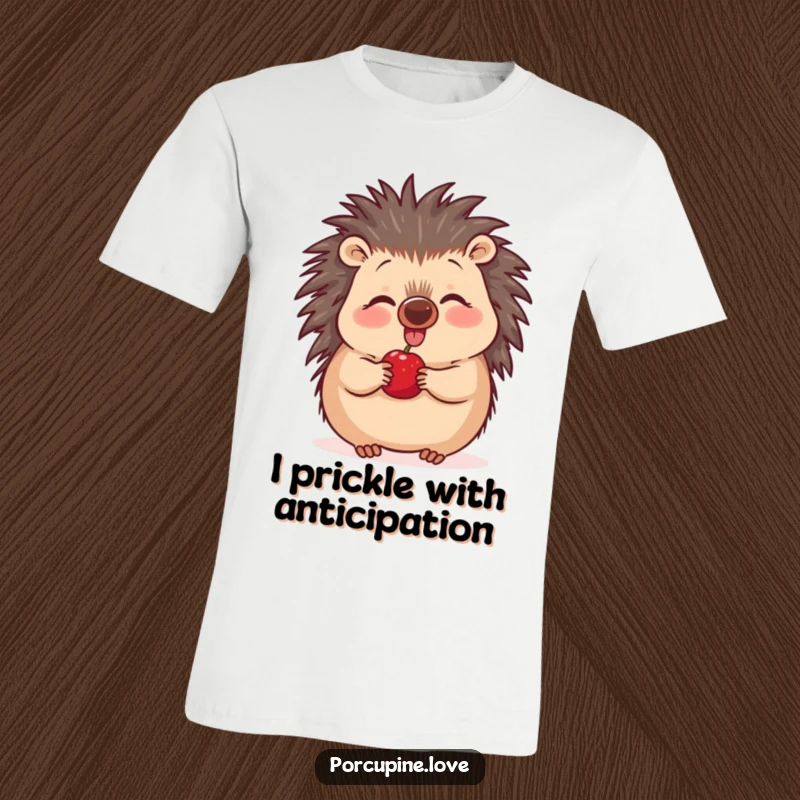 Funny excited porcupine t-shirt, nose wiggling with glee at a juicy berry, showcasing quirky and happy animal behavior.