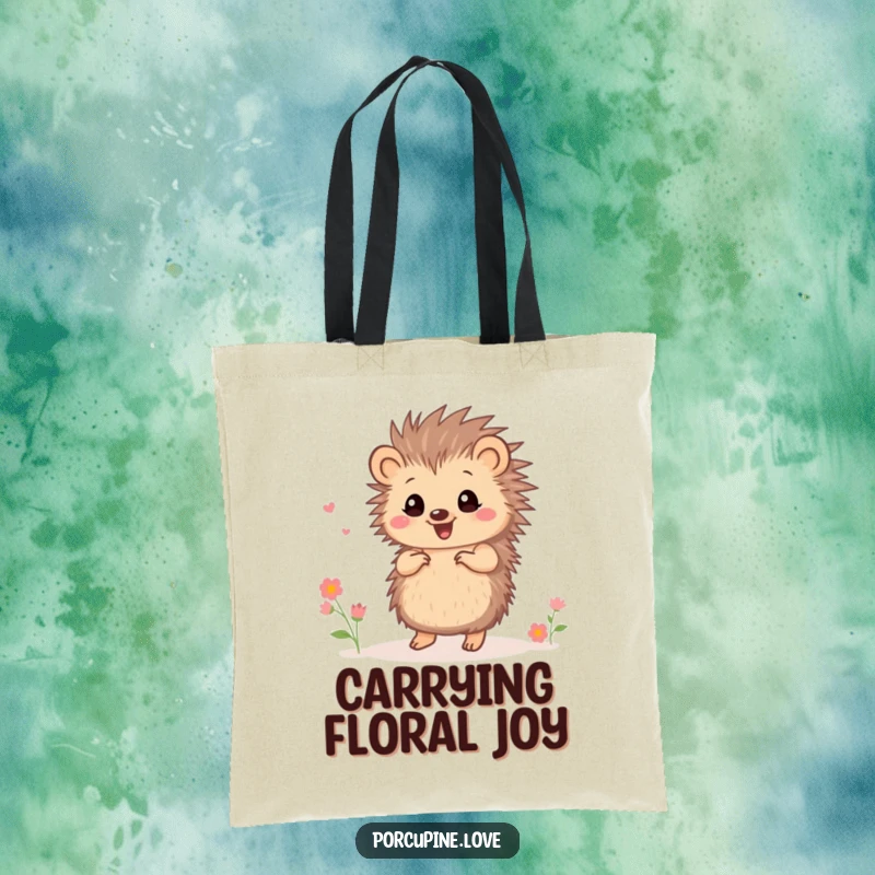 Funny small porcupine tote bag, doing a happy dance surrounded by tiny flowers, a cheerful and humorous accessory for daily life.
