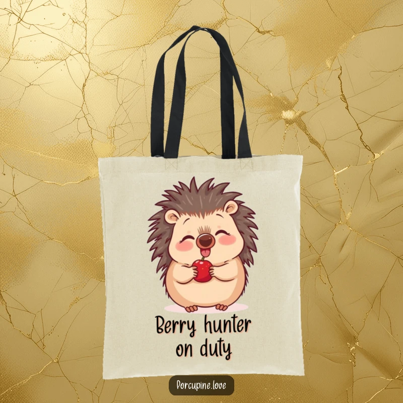 Funny excited porcupine tote bag, nose wiggling in anticipation of a tasty berry, a delightful and humorous accessory.