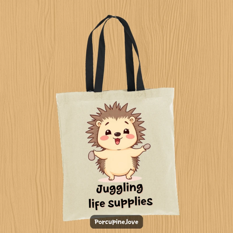 Funny cheerful porcupine tote bag, juggling three small pebbles with its quills, a charming and humorous accessory for everyday use.