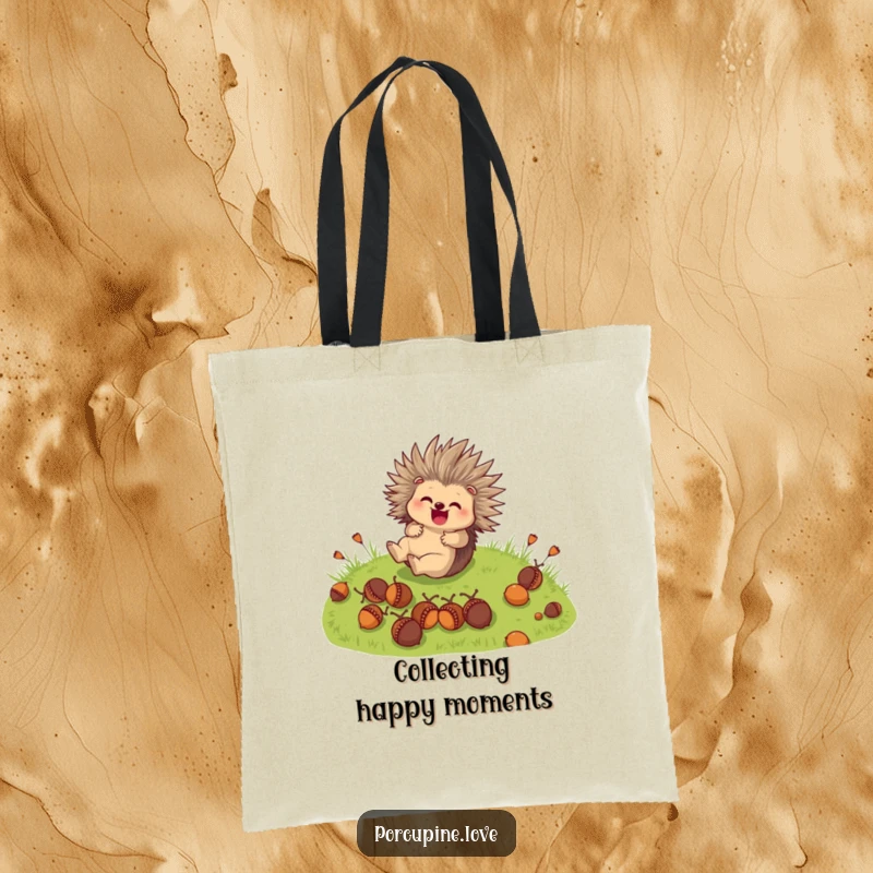 Funny Tote Bag: A cute porcupine character joyfully rolls down a grassy hill, carrying acorns with enthusiasm.